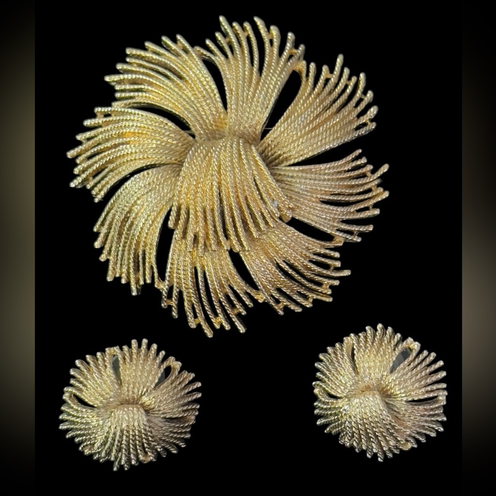 Monet Gold Textured Jewelry Pieces Brooch& Earrings
